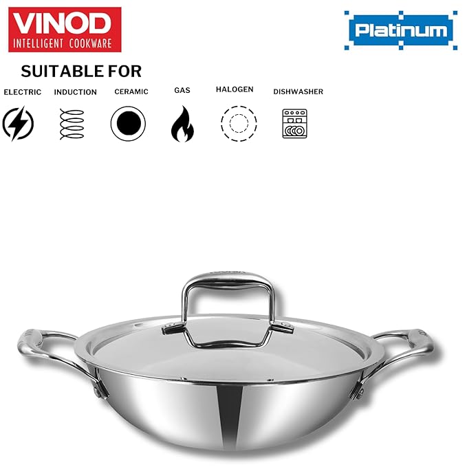 Pro Platinum Triply Stainless Steel Non Stick Kadhai with Lid - 2.5 L, 24 cm, Ceramic Coating