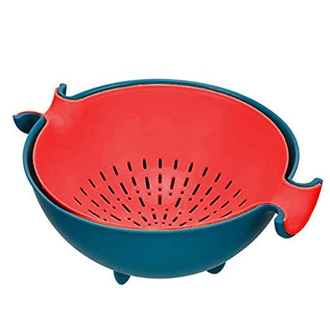 1 Unit Plastic Colander Bowl, Premium-grade Plastic, 100% Food Safe, Dishwasher Safe, Blue & Red