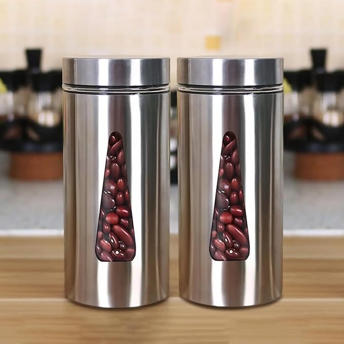 Kitchen Storage Jars Steel Finish With See Through Window Jar, 1300 ml, Pack of 2