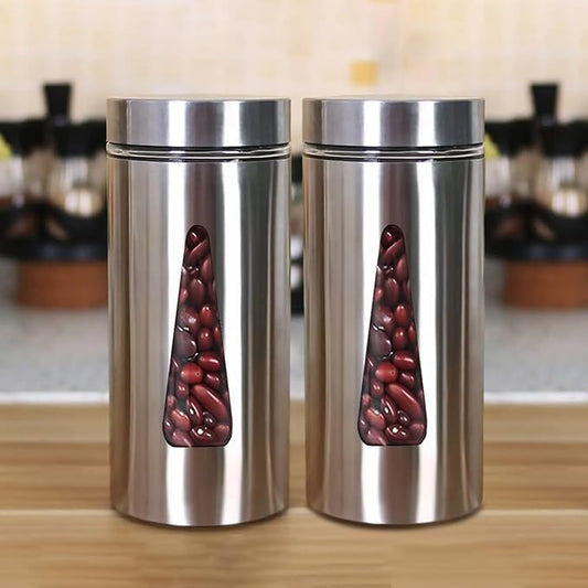 Kitchen Storage Jars Steel Finish With See Through Window Jar, 1300 ml, Pack of 2