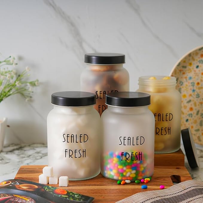 Kitchen Storage Jars Frosted Glass Jar With Steel Lid Air Tight Jar, 1000 ml, Pack of 2, Black Lid