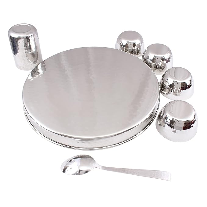 Stainless Steel Dinner Set/Thali Set of 1 Plate 4 Bowls 1 Glass & 1 Spoon (7 Pieces)