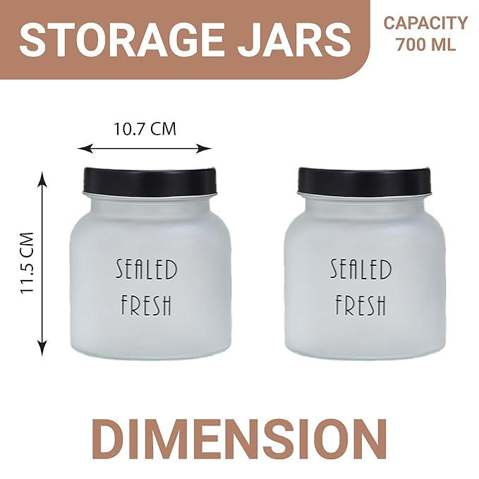 Kitchen Storage Jars Frosted Glass Jar With Steel Lid Air Tight Jar, 700 ml, Pack of 6, Black Lid
