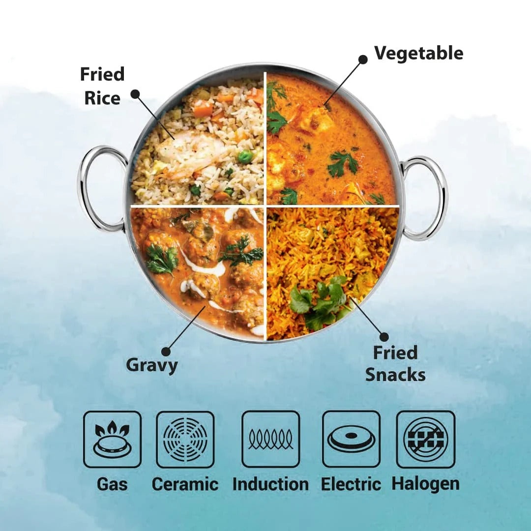 Tri-Ply Stainless Steel Kadhai 1.6L with Lid Induction 20 cm Silver