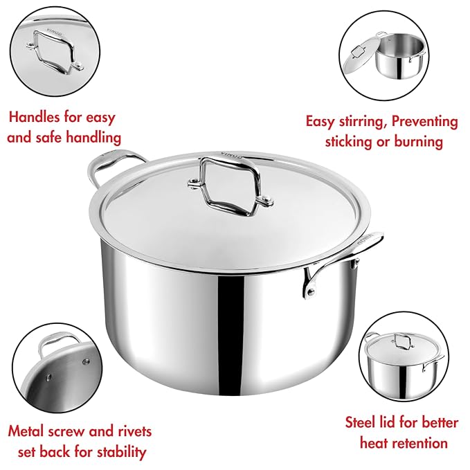 Triply Stainless Steel Biryani Pot with Lid - 11 L, 30 cm, Heavy Bottom, Riveted Handle, Cooking Pot