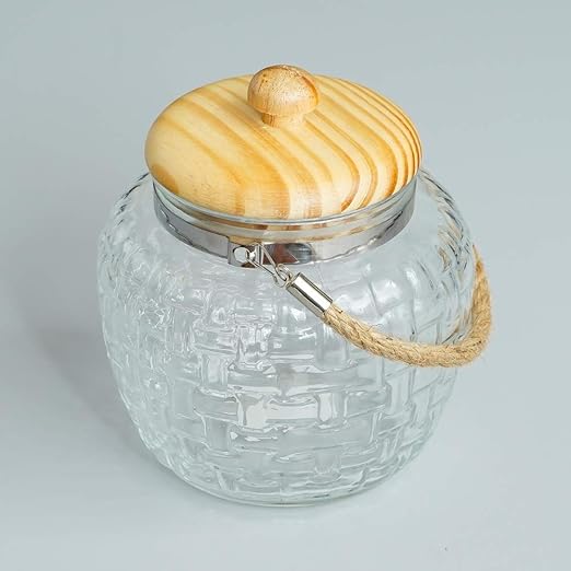 Kitchen Storage Jars Embossed Glass Jar With Wooden Lid & Jute Chain Air Tight Jar, 1500 ml, Pack of 2