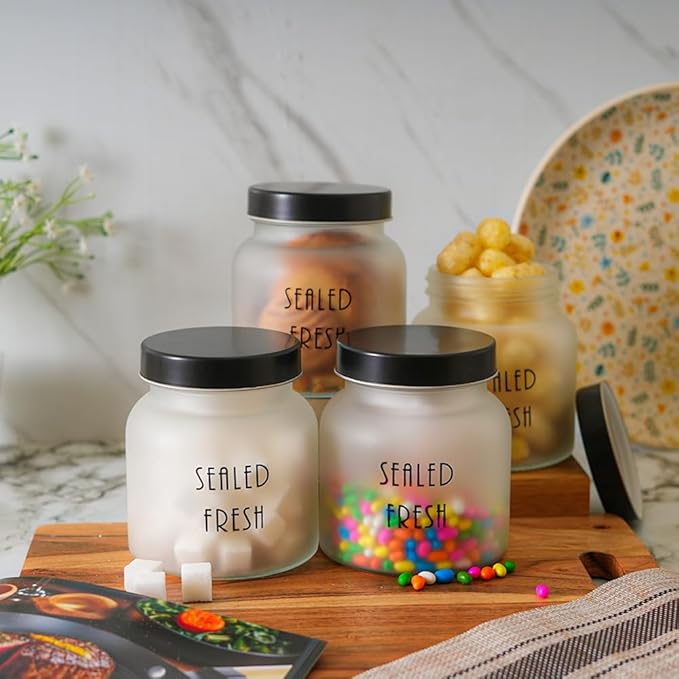 Kitchen Storage Jars Frosted Glass Jar With Steel Lid Air Tight Jar, 700 ml, Pack of 1, Black Lid