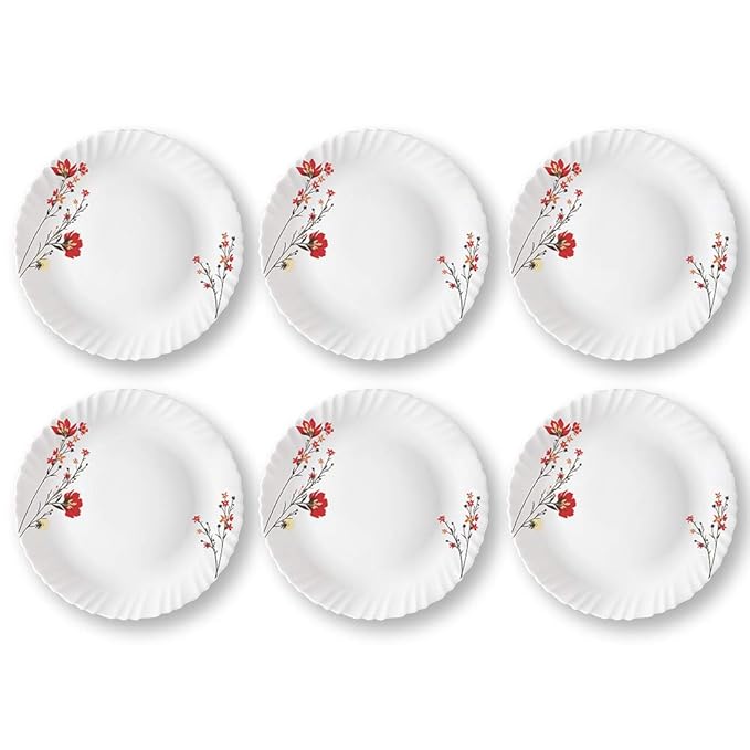 Opalware Full Plate, 11 inch, Set of 6, Red & White