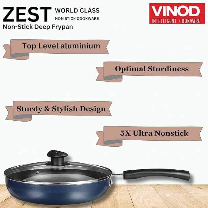 Aluminium Non Stick Deep Frypan with Glass Lid - 22 cm, 3 Layer Ceramic Coating, 3 mm Extra Thick