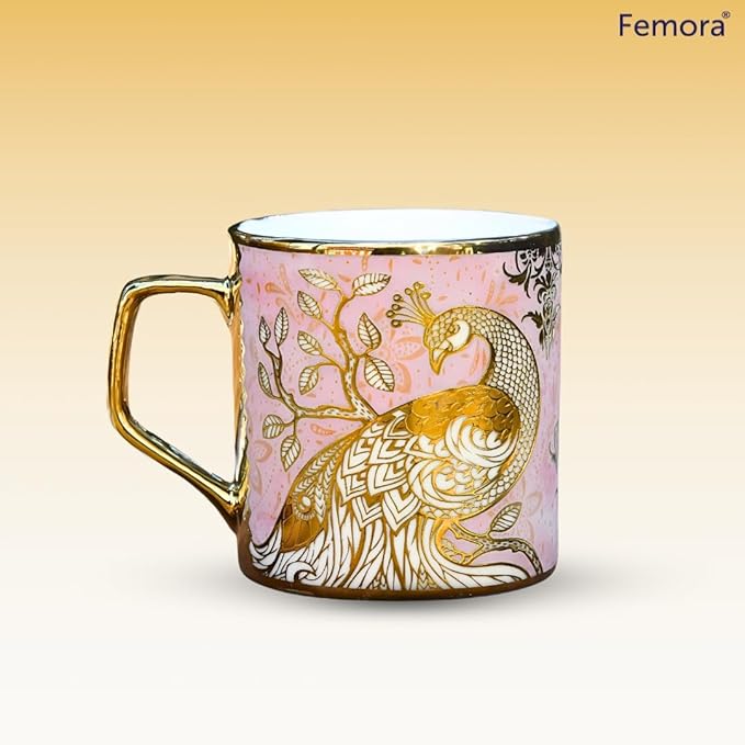 Premium Pink Peacock Pattern Golden Ceramic Coffee & Tea Cup Set of 6 Pink Each