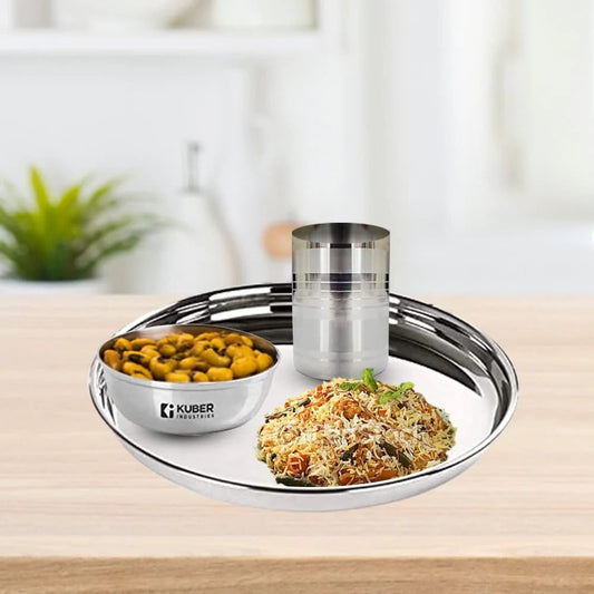 Stainless Steel Dinner Set Plates Set of 6 + Bowl Set of 6 + Glass Set of 6 Heavy Gauge Mirror Finish