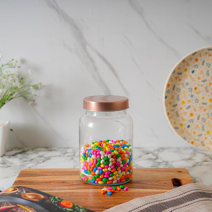 Kitchen Storage Jars Clear Glass Jar With Steel Lid Air Tight Jar, 1000 ml, Pack of 1, Golden Lid