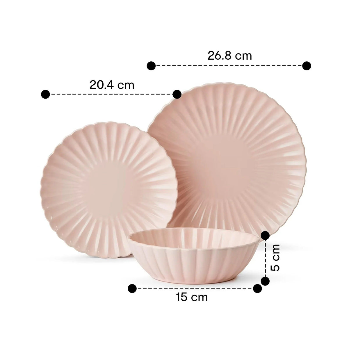Scalloped 12 Pieces Solid Stoneware Dinner Set Pink Lead Cadmium Free Microwave Dishwasher Safe 4 Dinner