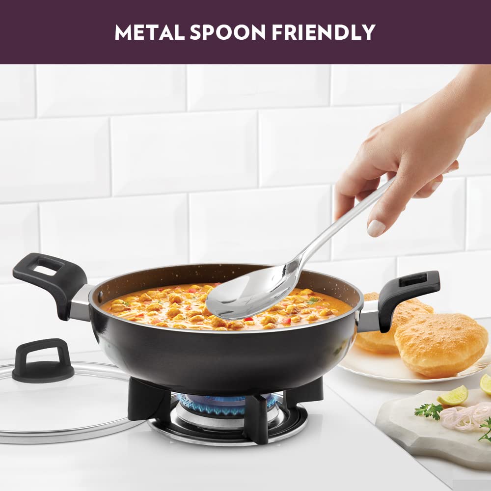 Non-Stick Kadhai with Glass Lid, Induction Friendly, Granite Finish, PFOA-Free, 26 cm Diameter