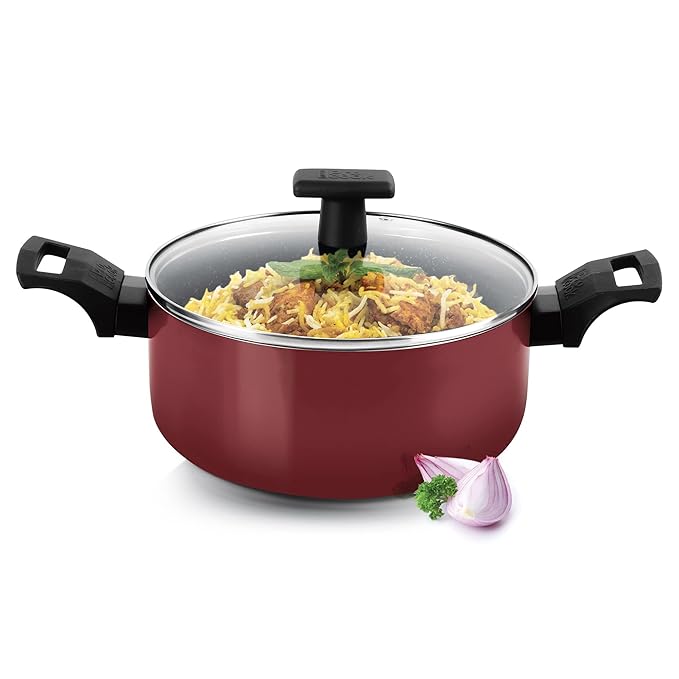 Induction Biryani Pot with Glass Lid 22 cm, 3.5 L, Burgundy