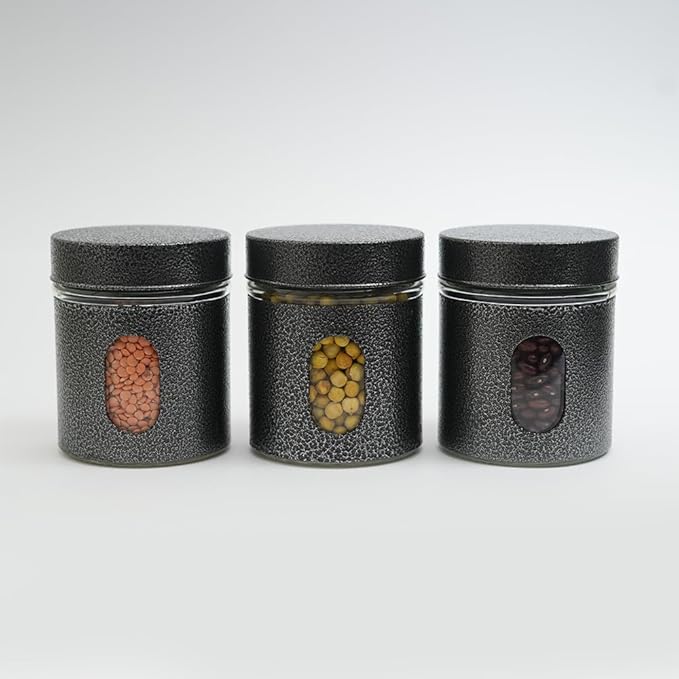 Carbon Steel Jar for Kitchen Storage With Clear Glass Window and Carbon Steel Lid, 300 ml, Set of 3