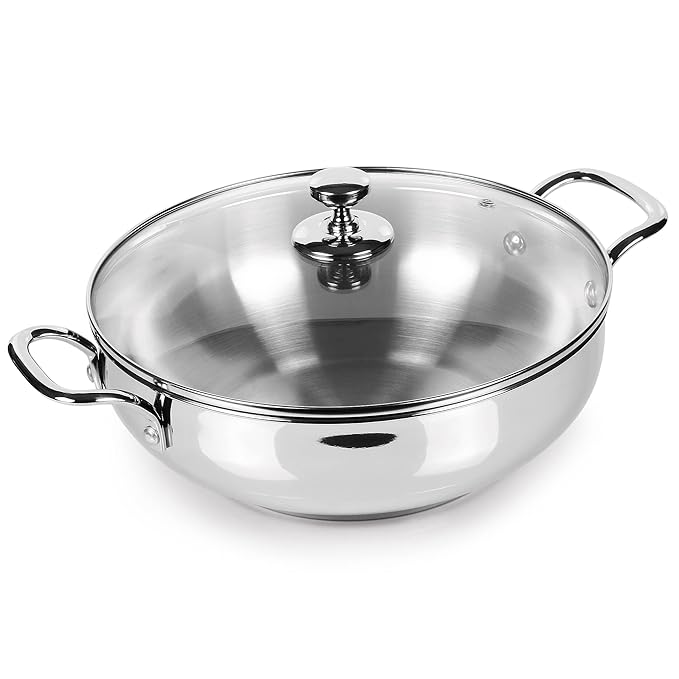 Stainless Steel Sandwich Bottom Kadhai with Glass Lid, 28 cm / 4.2 L