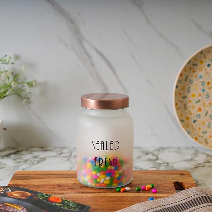 Kitchen Storage Jars Frosted Glass Jar With Steel Lid Air Tight Jar, 1000 ml, Pack of 6, Golden Lid