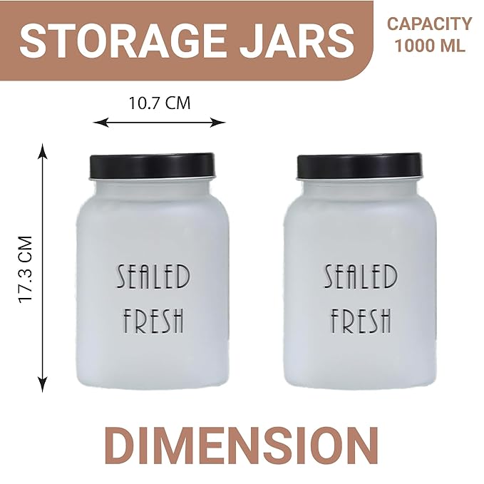 Kitchen Storage Jars Frosted Glass Jar With Steel Lid Air Tight Jar, 1000 ml, Pack of 2, Black Lid