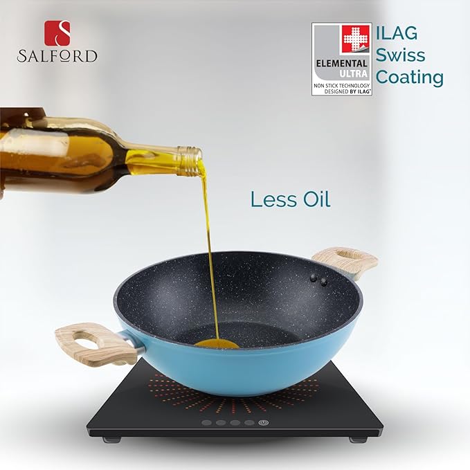 Forged Non-stick Kadhai + Glass Lid With Soft Touch Wooden Handle, Black Spatter Finish Dusty Blue- 240 mm