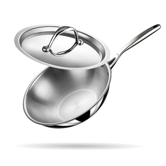 Triply Stainless Steel Wok With Lid, Tri Ply Deep Steel Kadai, Deep Fry Pan With Induction Base, Dia 22 cm