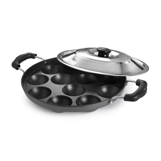 Non-Stick 12 Cavity Appam Patra Kan with Stainless Steel Lid, 2 Side Handle, Appam Maker