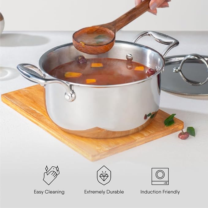 Stahl Artisan Triply Stainless Steel Sauce Pot/ Casserole With Lid | Induction Pot | Briyani Pot/ Handi | 7.2 Litres | 2