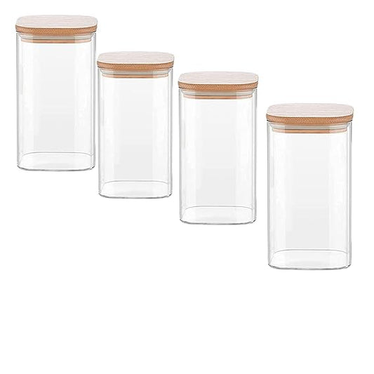 Kitchen Storage Jars Borosilicate Glass Jar With Wooden Lid Air Tight Jar, 1000 ml, Pack of 4
