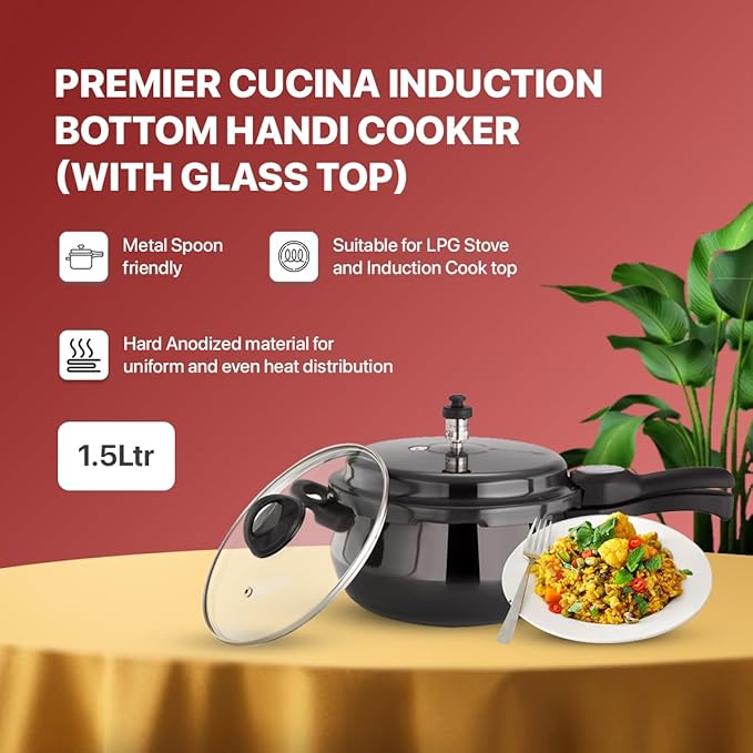 Black Hard Anodized Induction Bottom Handi Pressure Cooker 1.5 L With Glass Lid