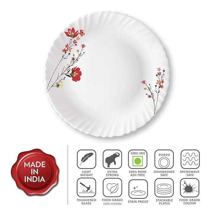Opalware Full Plate, 11 inch, Set of 6, Red & White