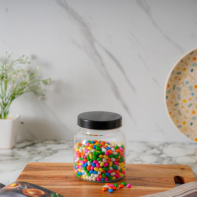 Kitchen Storage Jars Clear Glass Jar With Steel Lid Air Tight Jar, 700 ml, Pack of 1, Black Lid