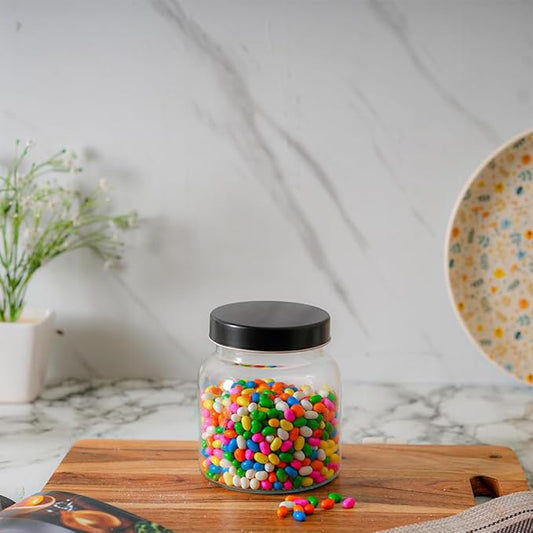 Kitchen Storage Jars Clear Glass Jar With Steel Lid Air Tight Jar, 700 ml, Pack of 1, Black Lid