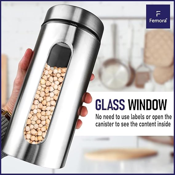 Kitchen Storage Jars Steel Body With See Through Window Jar, 1300 ml, Set of 2