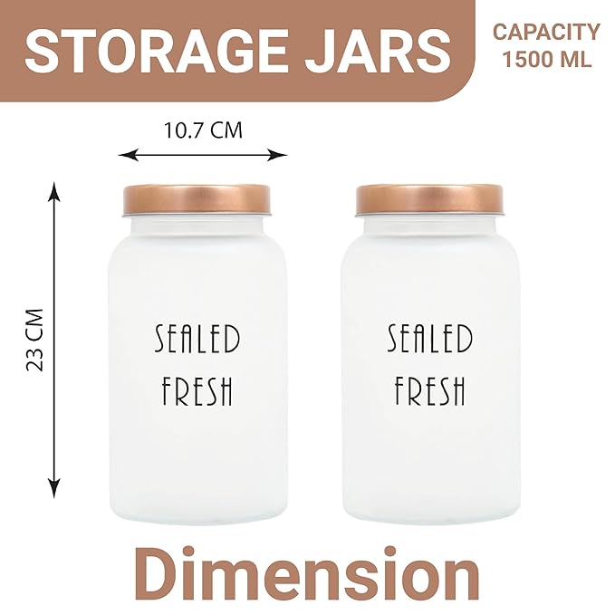 Kitchen Storage Jars Frosted Glass Jar With Steel Lid Air Tight Jar, 1500 ml, Pack of 6, Golden Lid