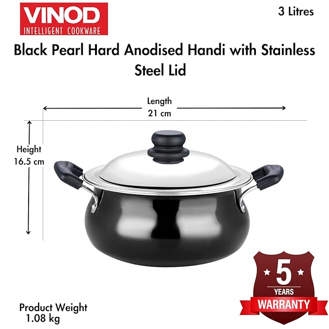 Hard Anodised Non Stick Handi with Lid - 3 L, Junior, 3.25 mm Thickness, Biryani Pot