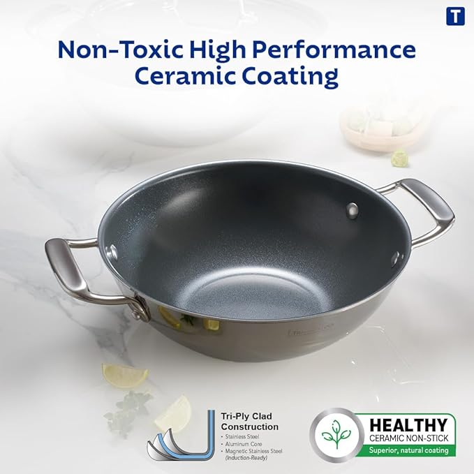 Healthy Triply Ceramic 20 cm/1.7L Kadai with SS 304 lid