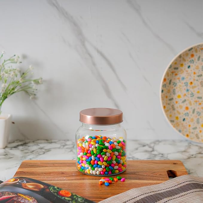 Kitchen Storage Jars Clear Glass Jar With Steel Lid Air Tight Jar, 700 ml, Pack of 1, Golden Lid