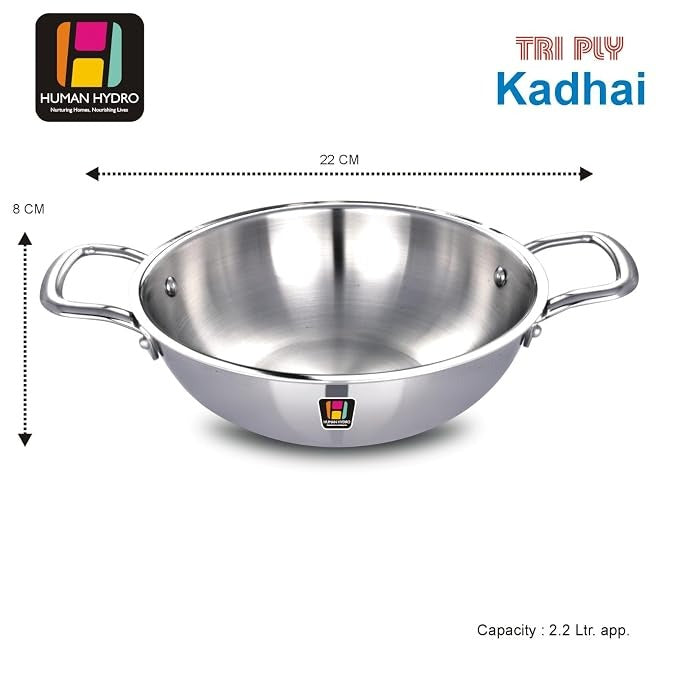 Tri-Ply Stainless Steel Kadai 22 cm 2.2L No Lid Induction Gas Heavy-Duty