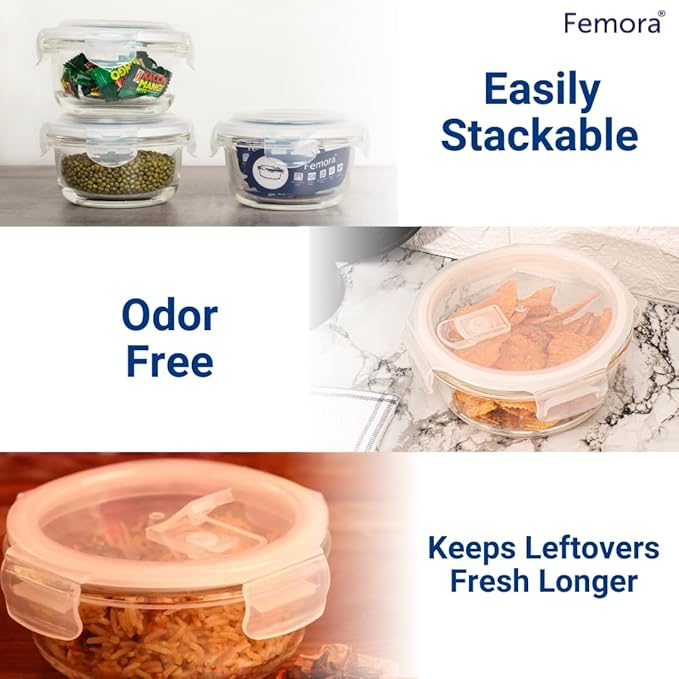 Borosilicate Glass Containers for Kitchen, Storage Box for Kitchen With Air Vent Lid, Set of 3, 240 ml