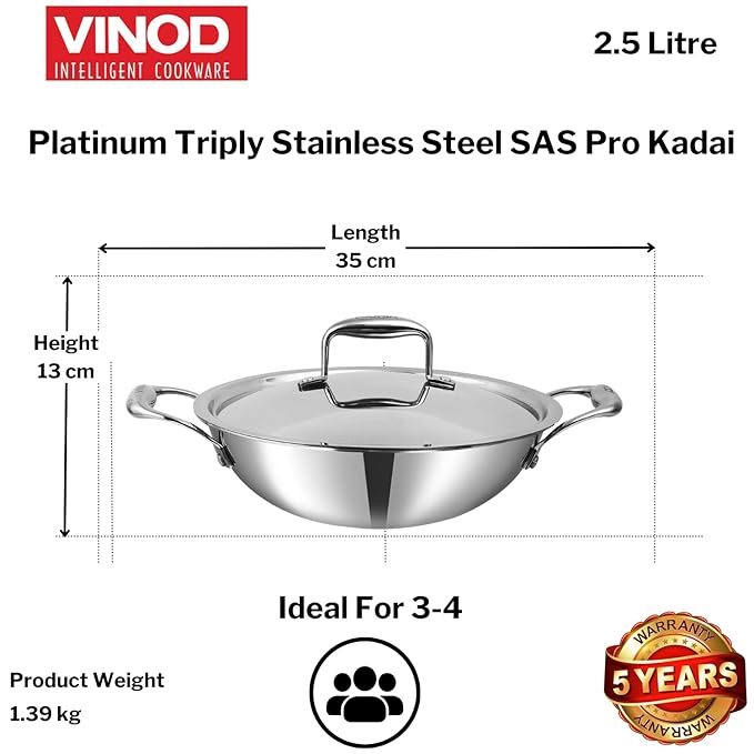 Pro Platinum Triply Stainless Steel Non Stick Kadhai with Lid - 2.5 L, 24 cm, Ceramic Coating