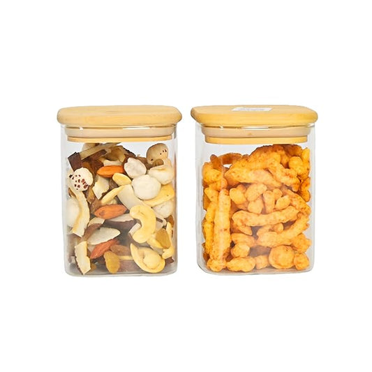 Kitchen Storage Jars Borosilicate Glass Jar With Wooden Lid Air Tight Jar, 450 ml, Pack of 2