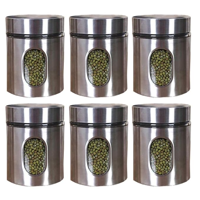 Kitchen Storage Jars Steel Body With See Through Window Jar, 300 ml, Pack of 6