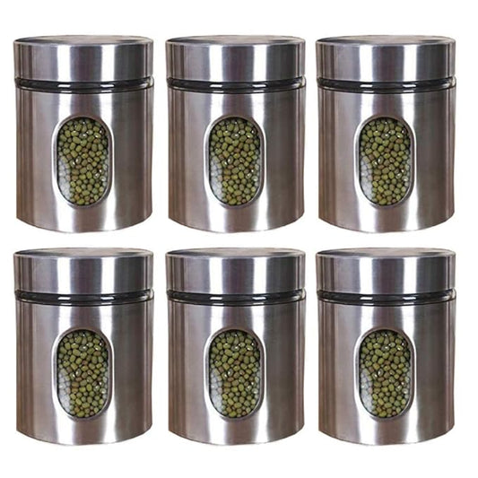 Kitchen Storage Jars Steel Body With See Through Window Jar, 300 ml, Pack of 6
