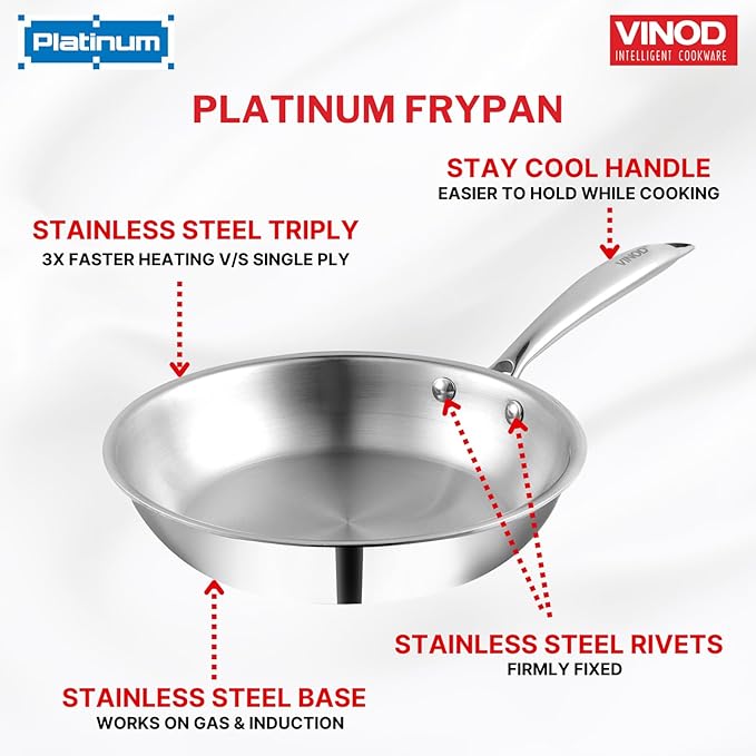 Triply Stainless Steel Frypan 22 cm, 2.5 mm Thick, Steel Pan, Scratch Resistant, Non Toxic