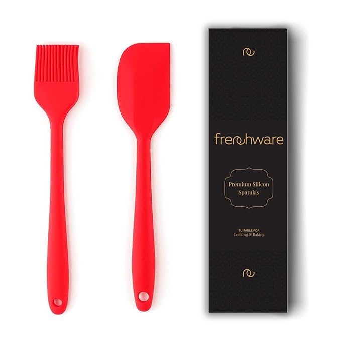 Seamless Design Set of 2, Red Oil Brush for Cooking & Non-stick Silicone Spatula Baking & Mixing