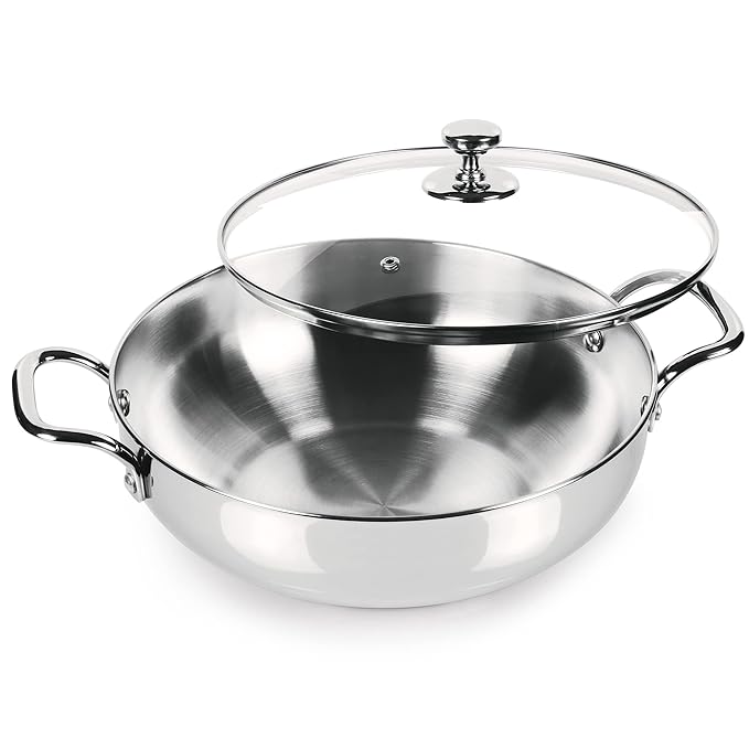 Stainless Steel Sandwich Bottom Kadhai with Glass Lid, 20 cm / 1.68 L