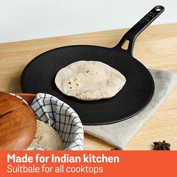 Pre-Seasoned Cast Iron Roti Tawa Pan with Stick Handle 26 cm Black