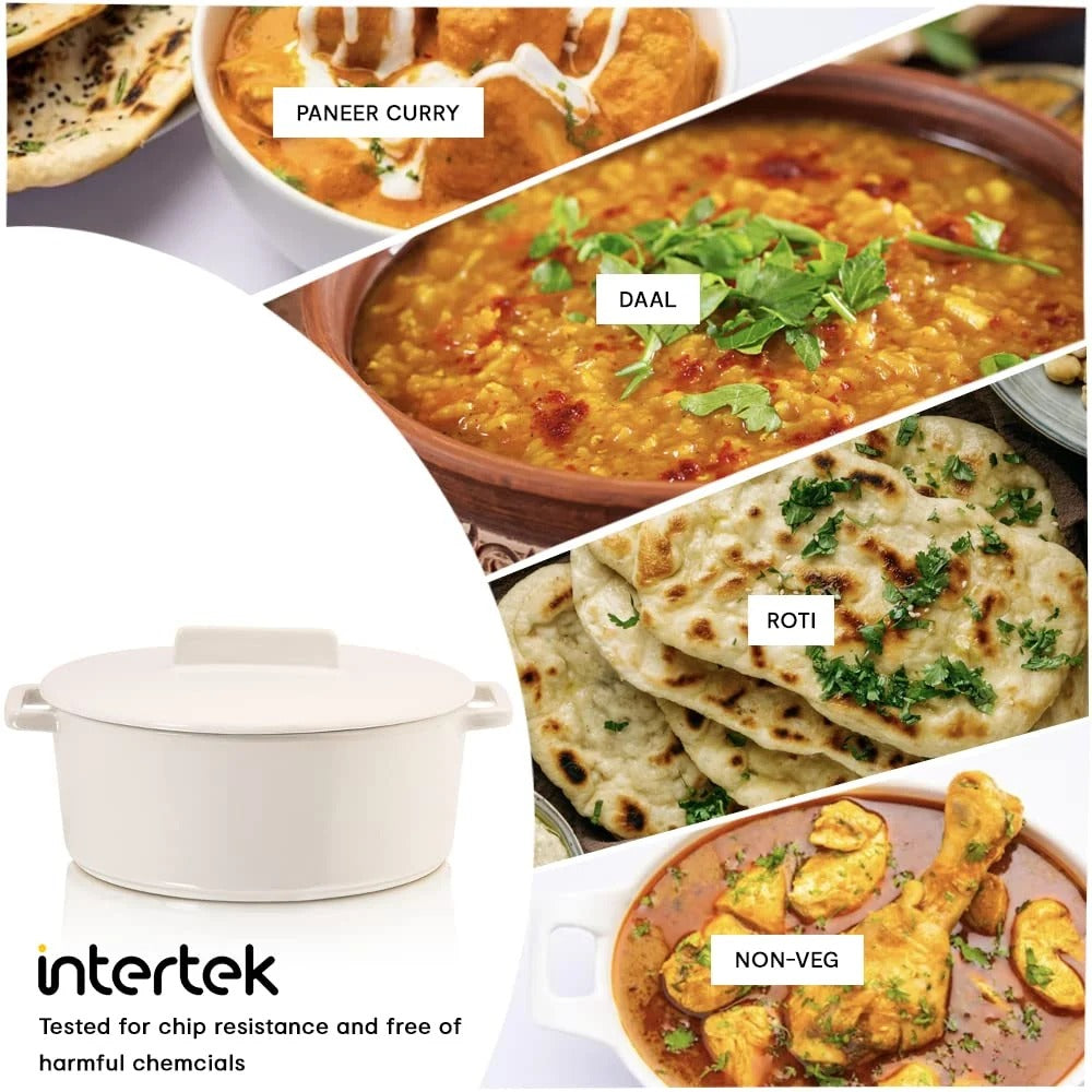 White Round Stoneware Casserole with Lid 3L Lead Cadmium Free Non-stick Oven to Table Microwave Dishwasher