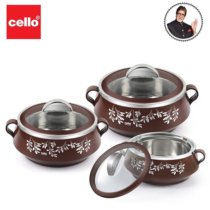 Glitter Casserole with Inner Steel, Insulated Stainless Steel Inner Body Casserole Set for Meal, Set Of 3