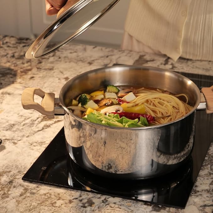 Stainless Steel Triply Pot With Glass Lid, 25 cm, 5 L, Wood Finished Handle, Induction & Gas Base